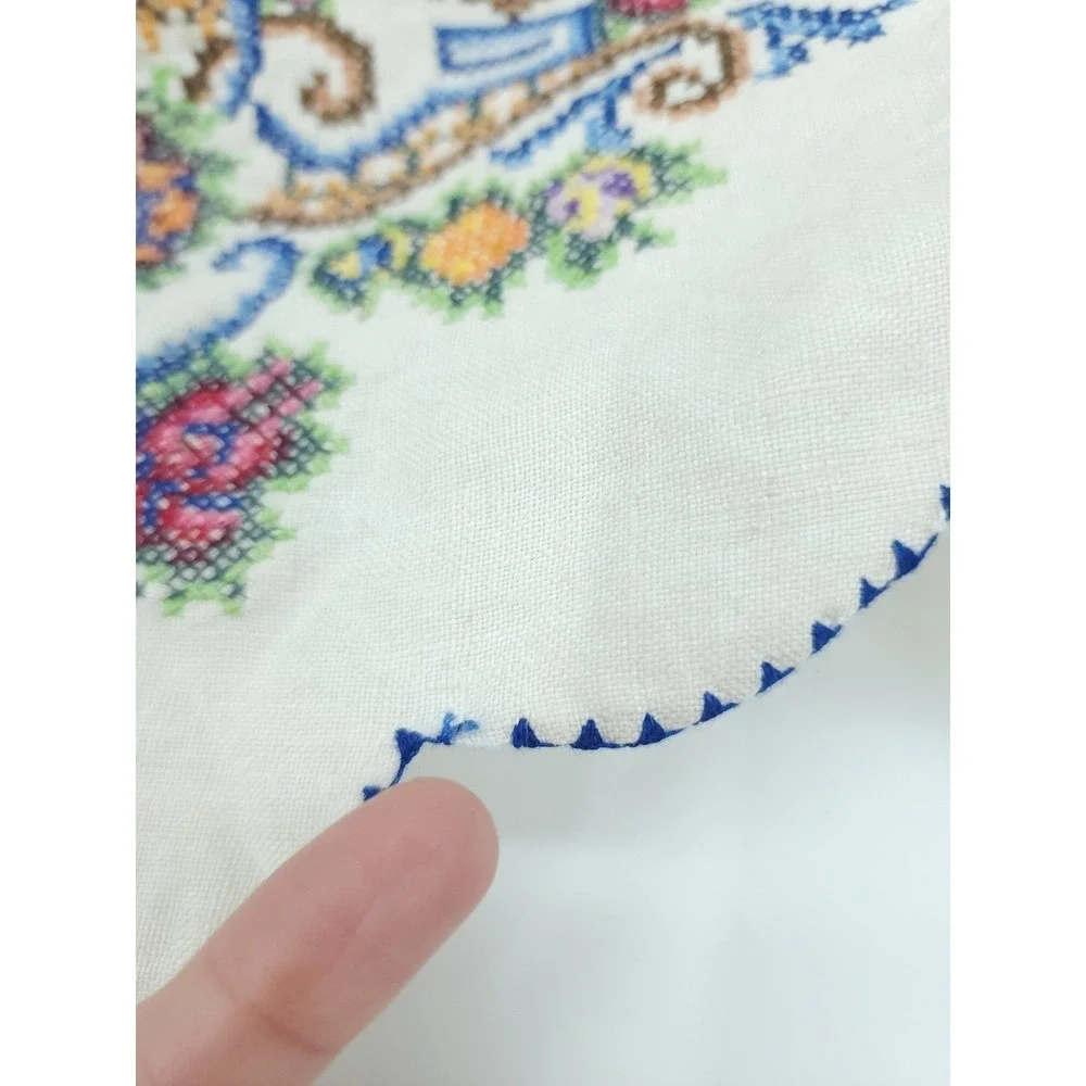VTG Scandinavian Artistic Floral Embroider Crochet Kerchief Banner Handmade Deco